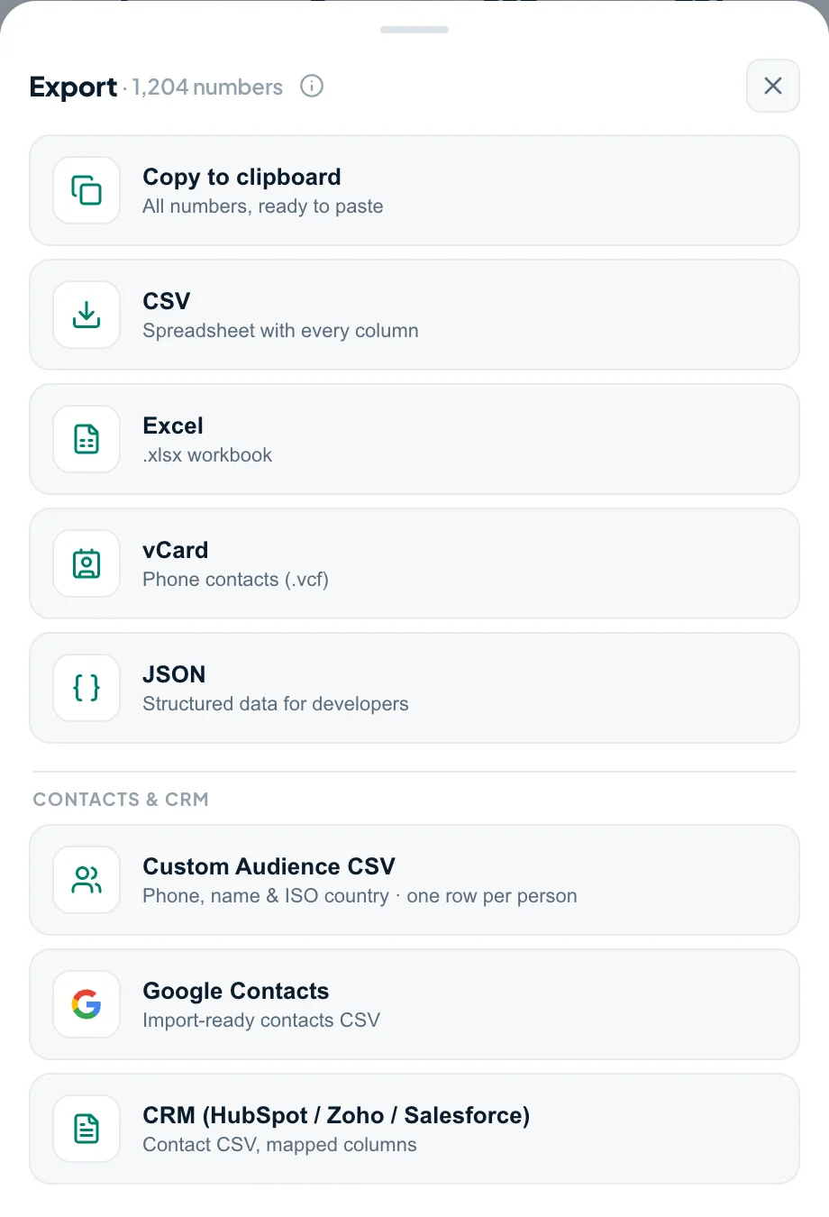 Export a backup to vCard, Excel or CSV