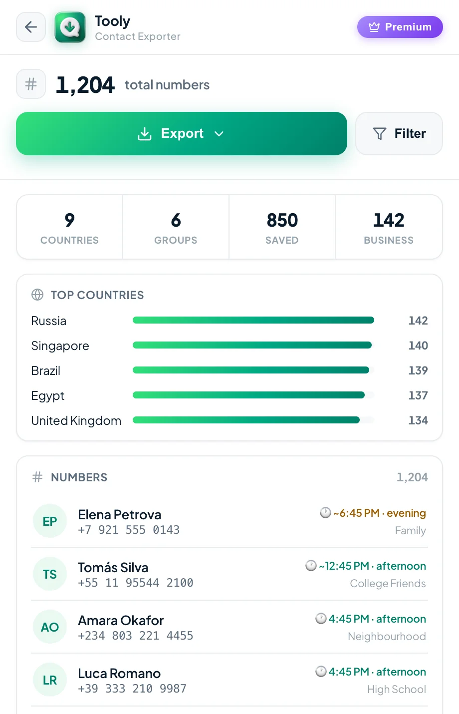 Review your contacts on the Tooly export screen