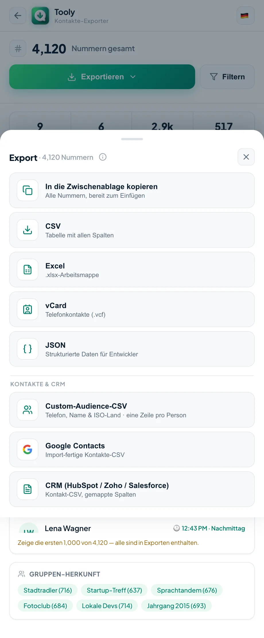 Tooly-Exportmenü mit Excel, CSV, vCard und JSON