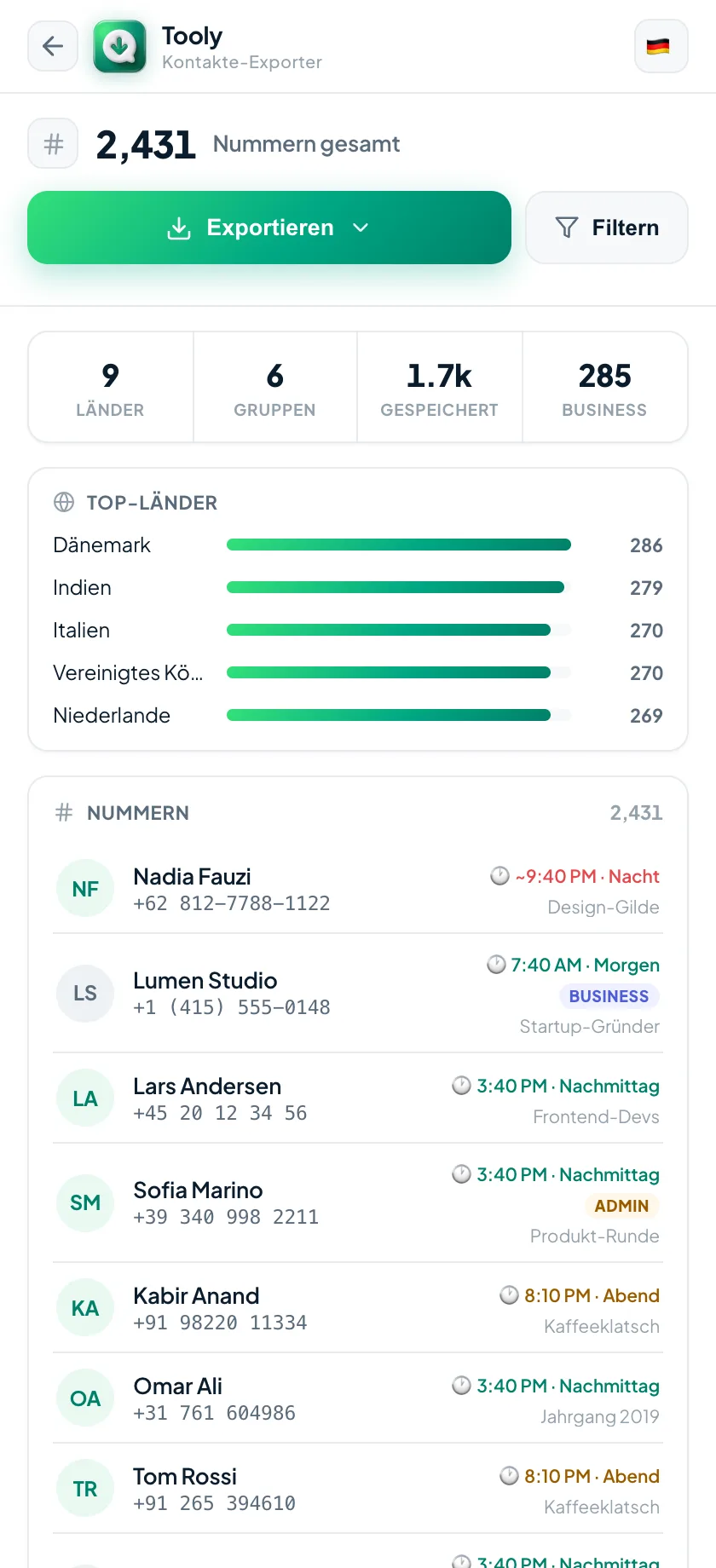 Vorschau der Kontaktliste in Tooly, die zu Tabellenzeilen wird