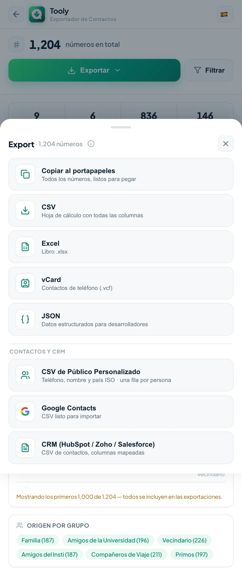 Exportar una copia de seguridad a vCard, Excel o CSV