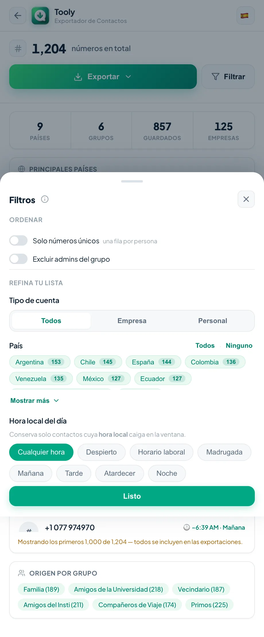 Filtrar tus contactos antes de respaldar