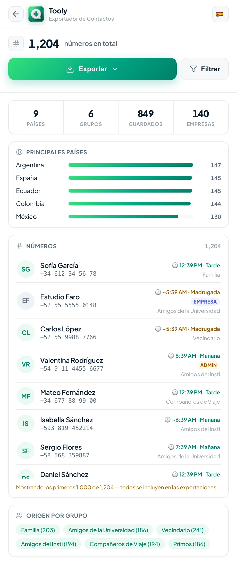 Revisar tus contactos en la pantalla de exportación de Tooly