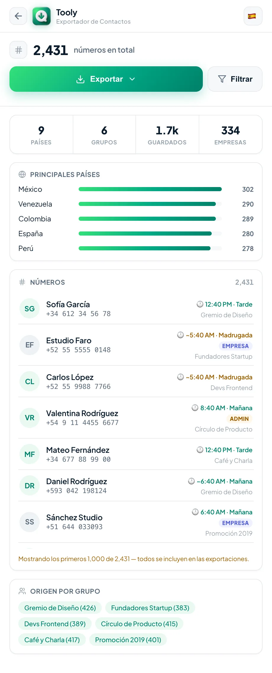 Revisar tus contactos en la pantalla de exportación de Tooly