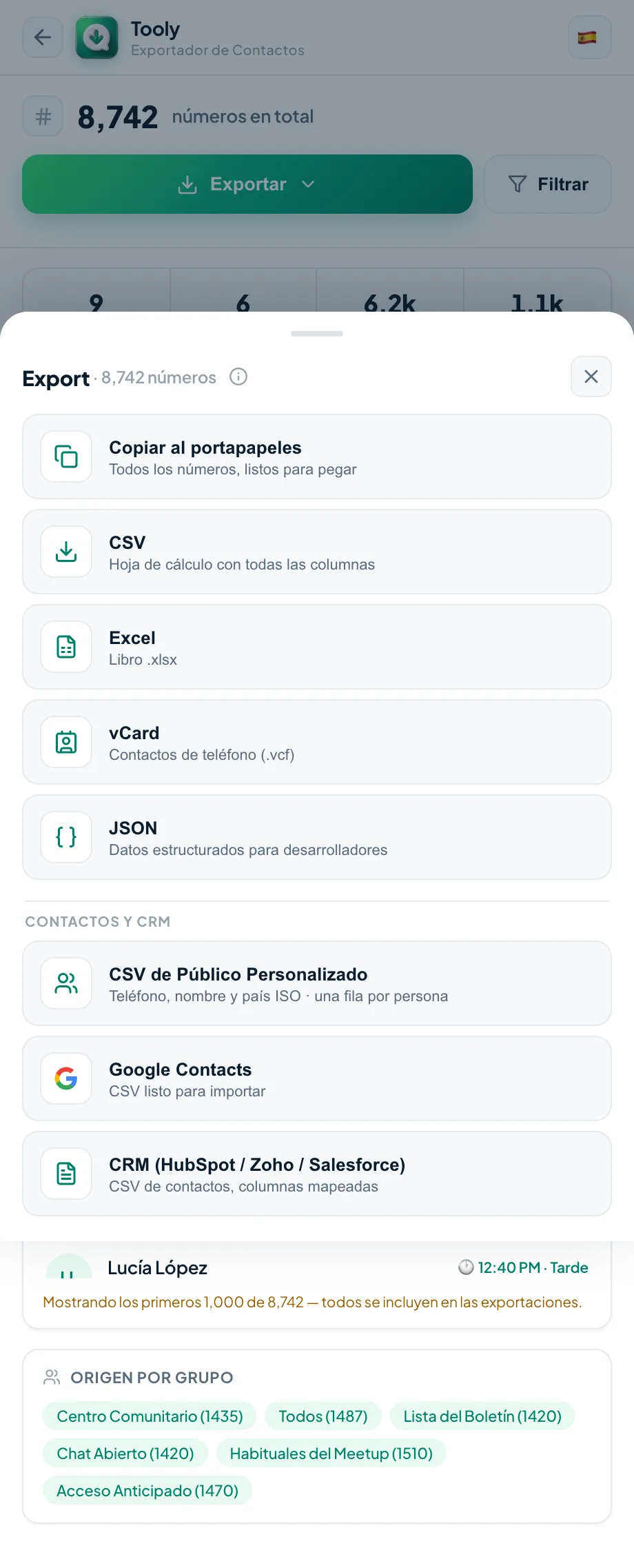 Exportar tu lista completa a CSV, Excel o vCard