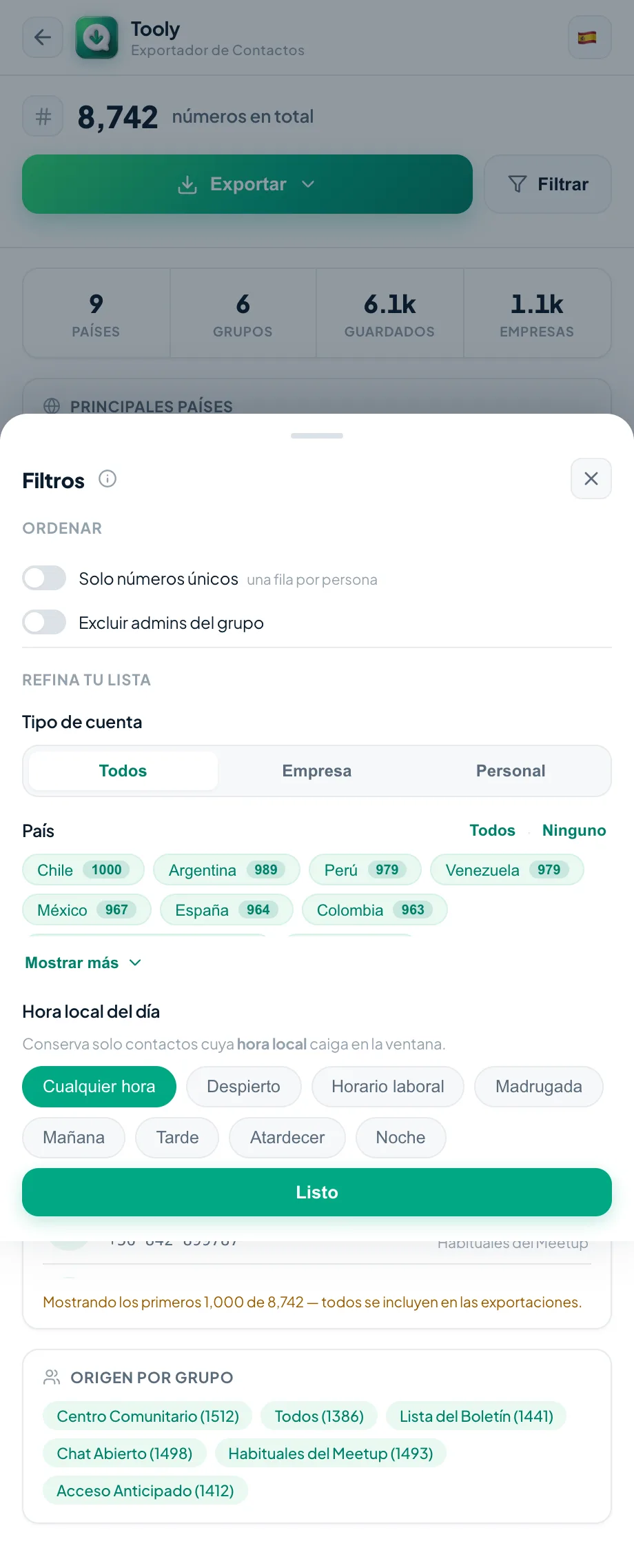Filtrar tus contactos antes de exportar