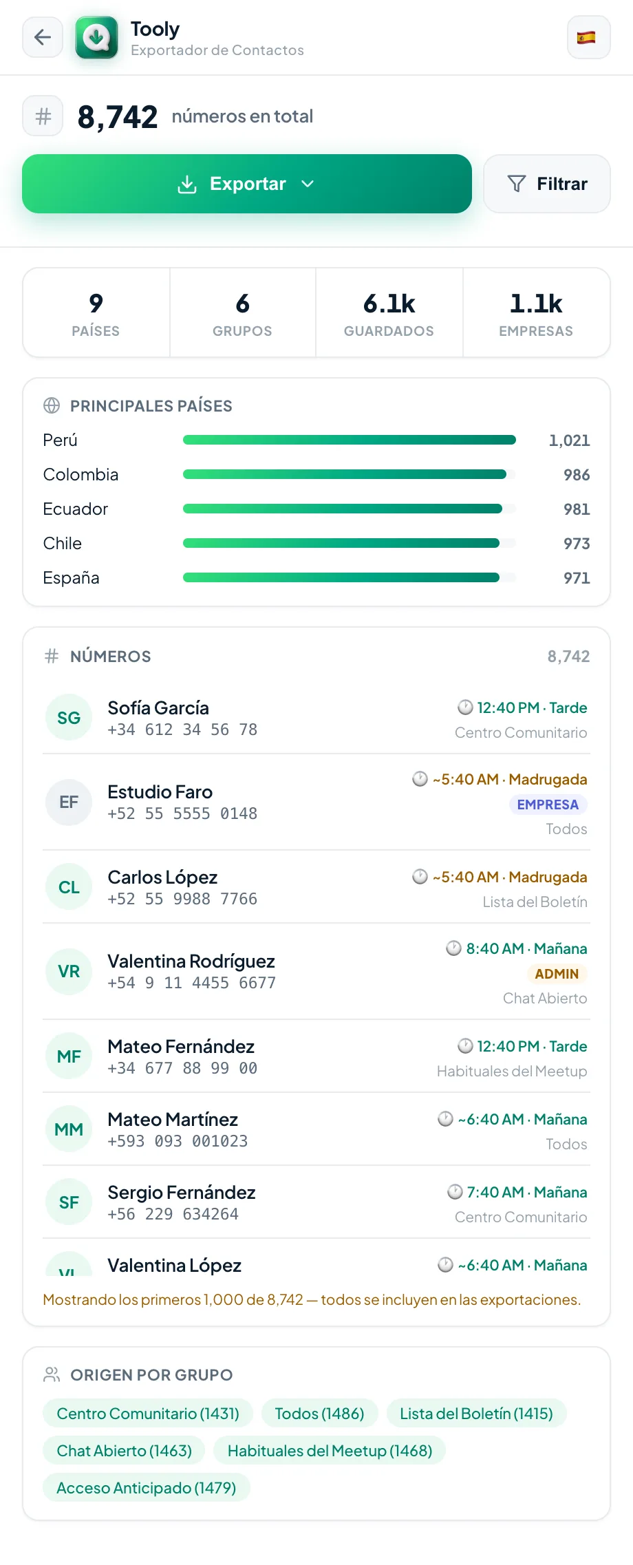 Revisar tu lista completa de contactos en la pantalla de exportación de Tooly