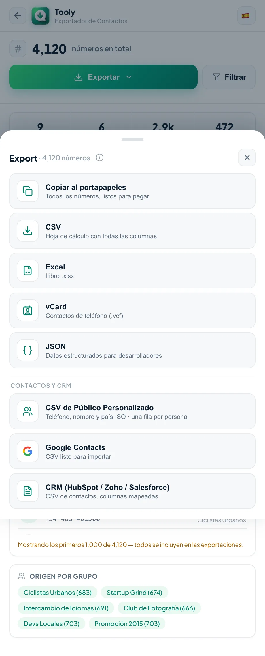 Menú de exportación de Tooly con Google Contacts, Público Personalizado y las plantillas de CRM