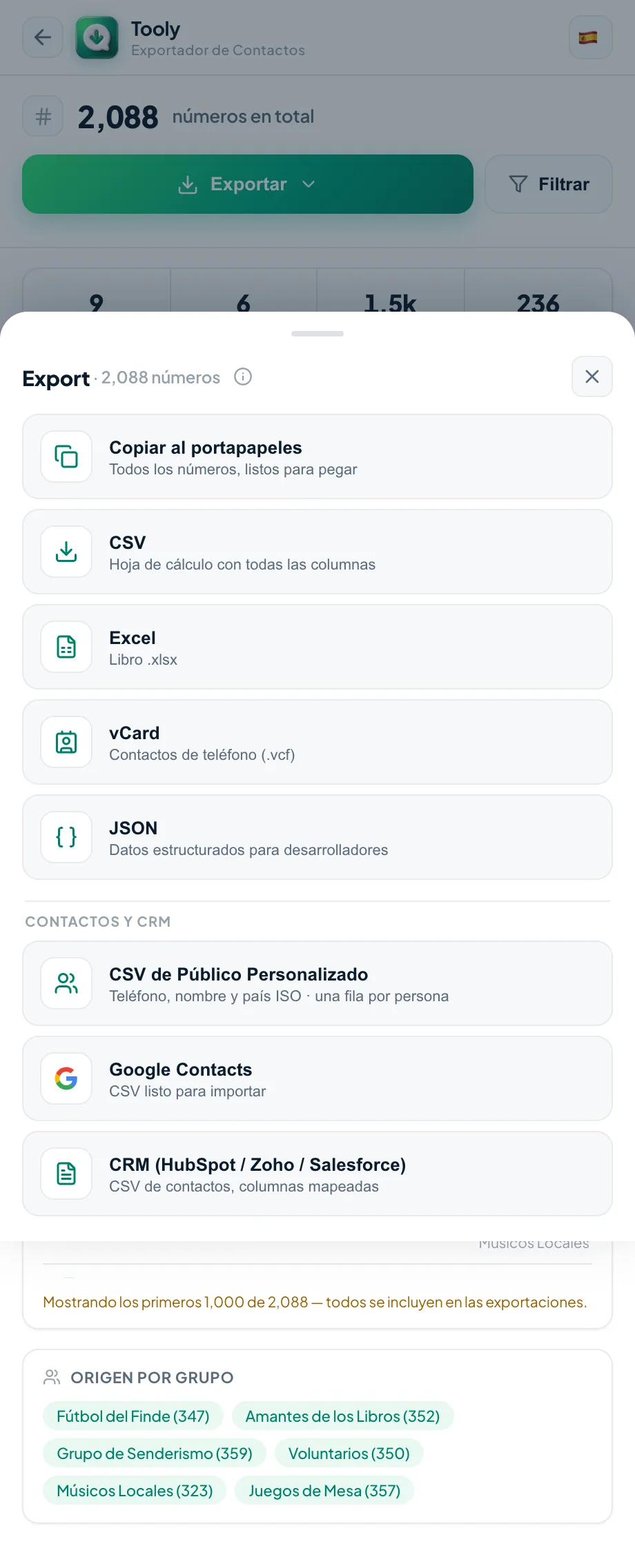 Exportar los miembros del grupo a CSV, Excel o vCard
