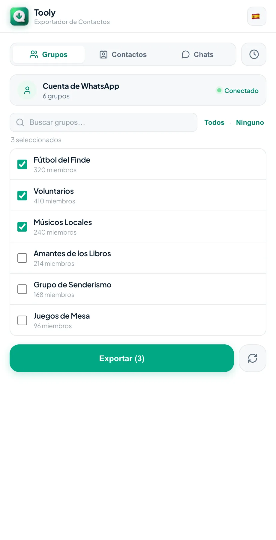 Elegir qué grupos de WhatsApp exportar en Tooly