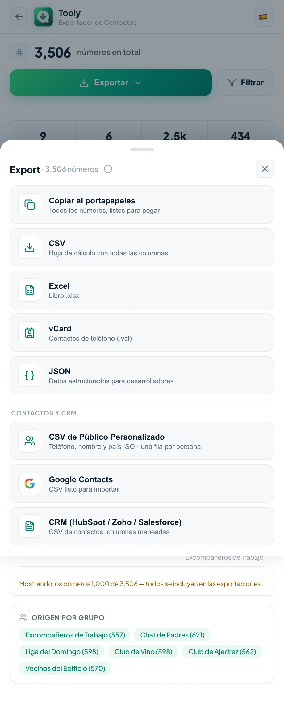 Elegir un formato de exportación en Tooly — Copiar, CSV, Excel, vCard o JSON