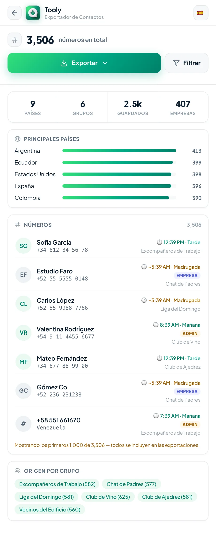 La pantalla de exportación de Tooly mostrando 3,506 números listos para exportar