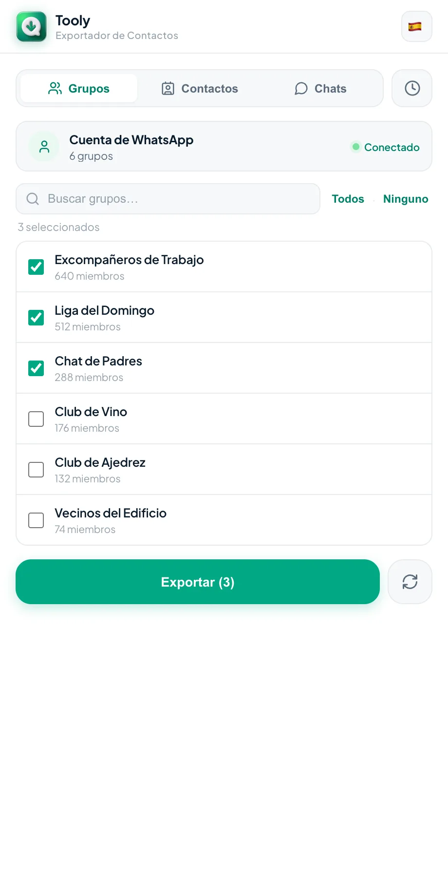 Elegir entre Grupos, Contactos y Chats en el panel lateral de Tooly