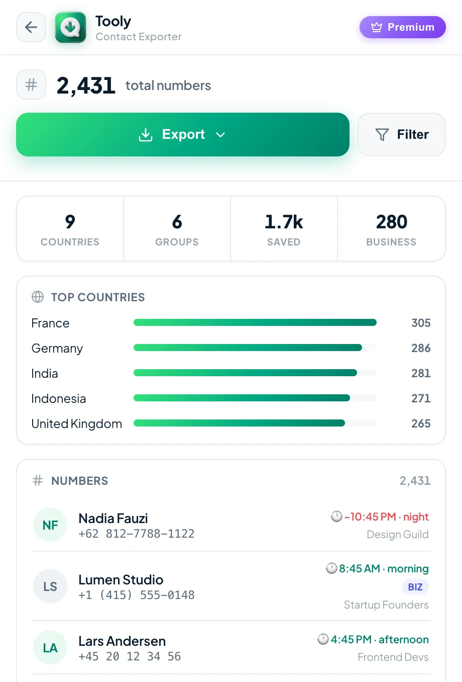 Review your contacts on the Tooly export screen