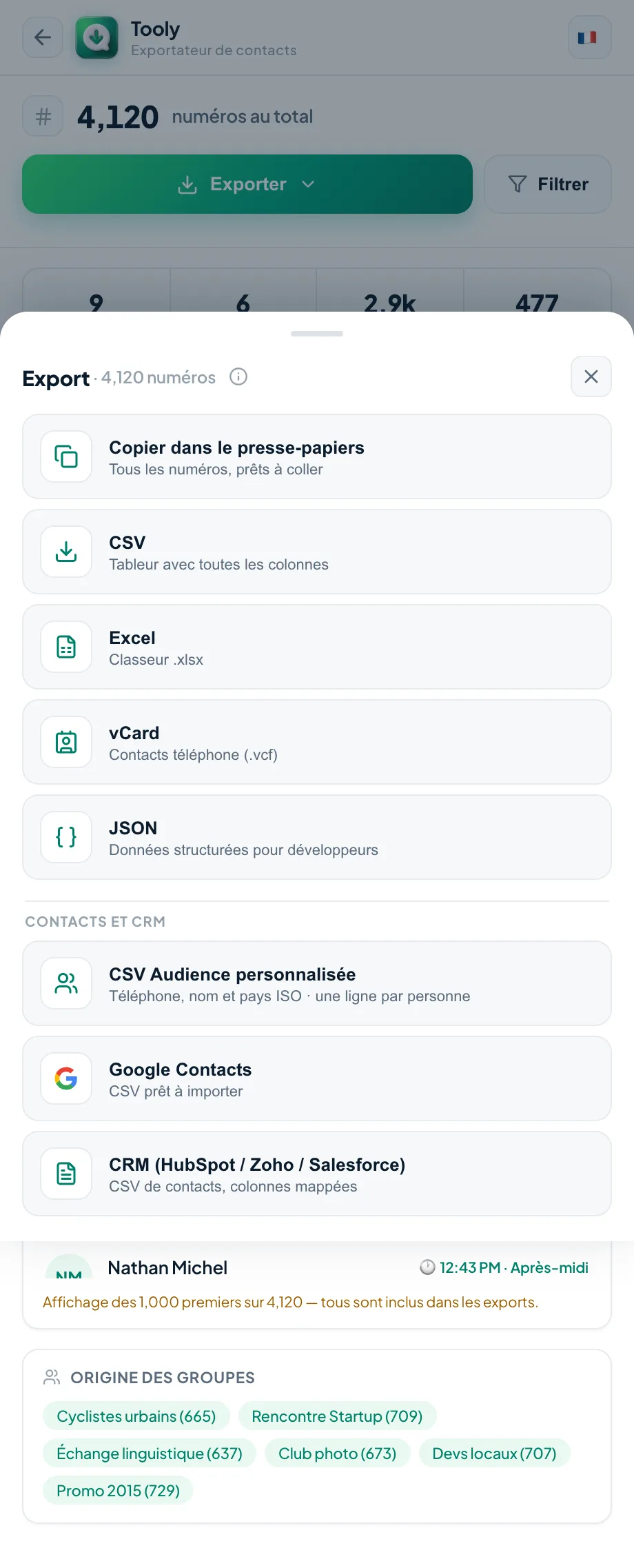 Menu d'export de Tooly avec Google Contacts, Custom Audience et les modèles CRM