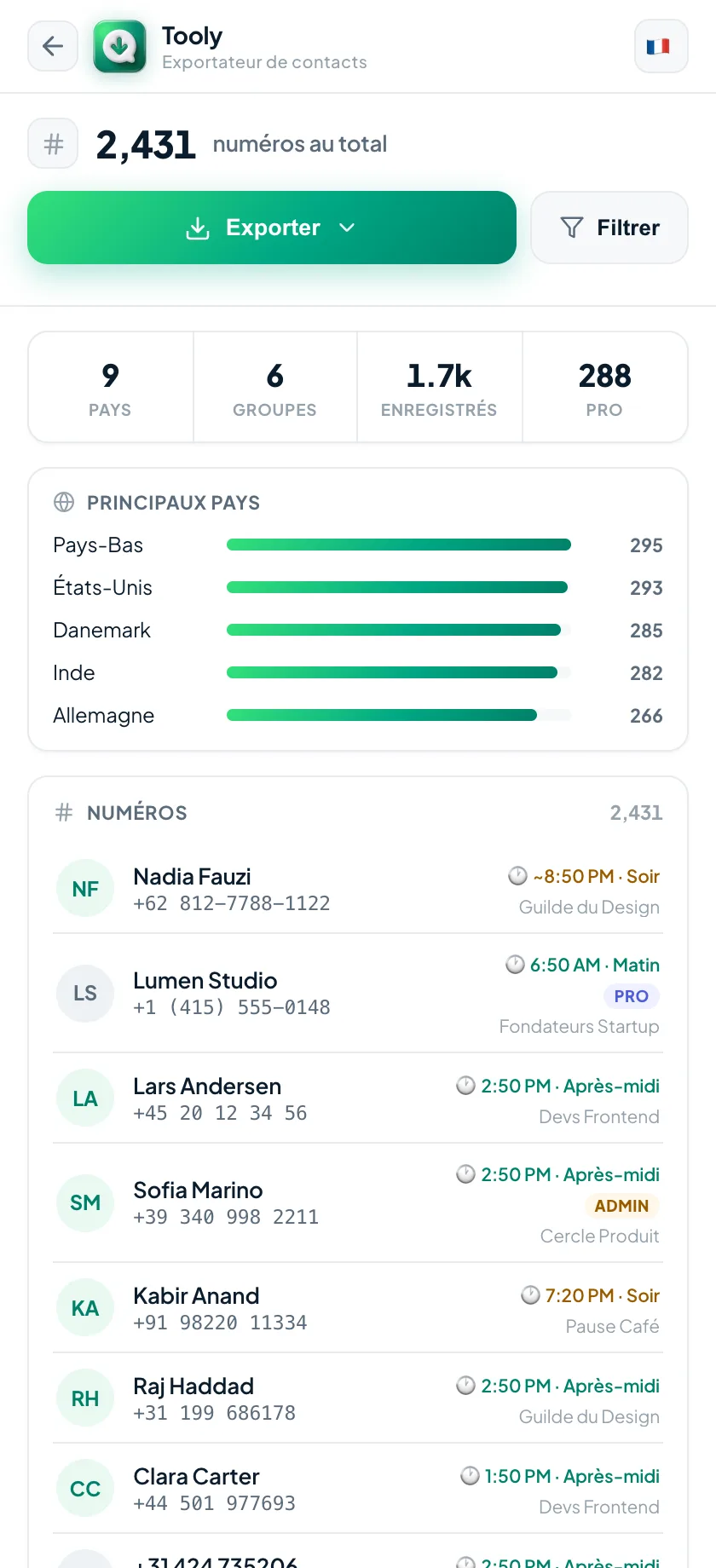 Aperçu de la liste de contacts dans Tooly, qui devient les lignes du tableur