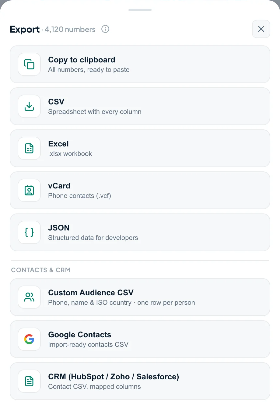 Tooly export menu showing the Google Contacts, Custom Audience and CRM presets