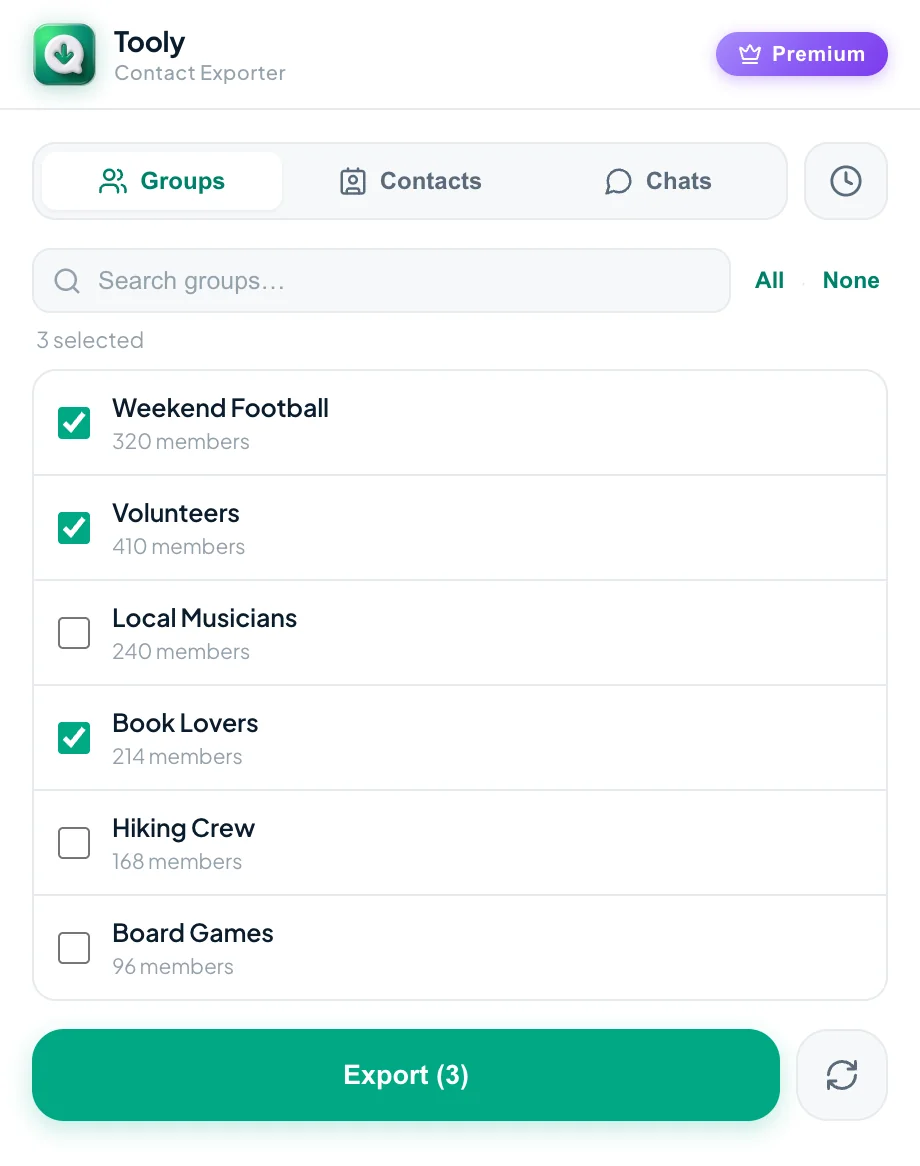 Pick which WhatsApp groups to export in Tooly