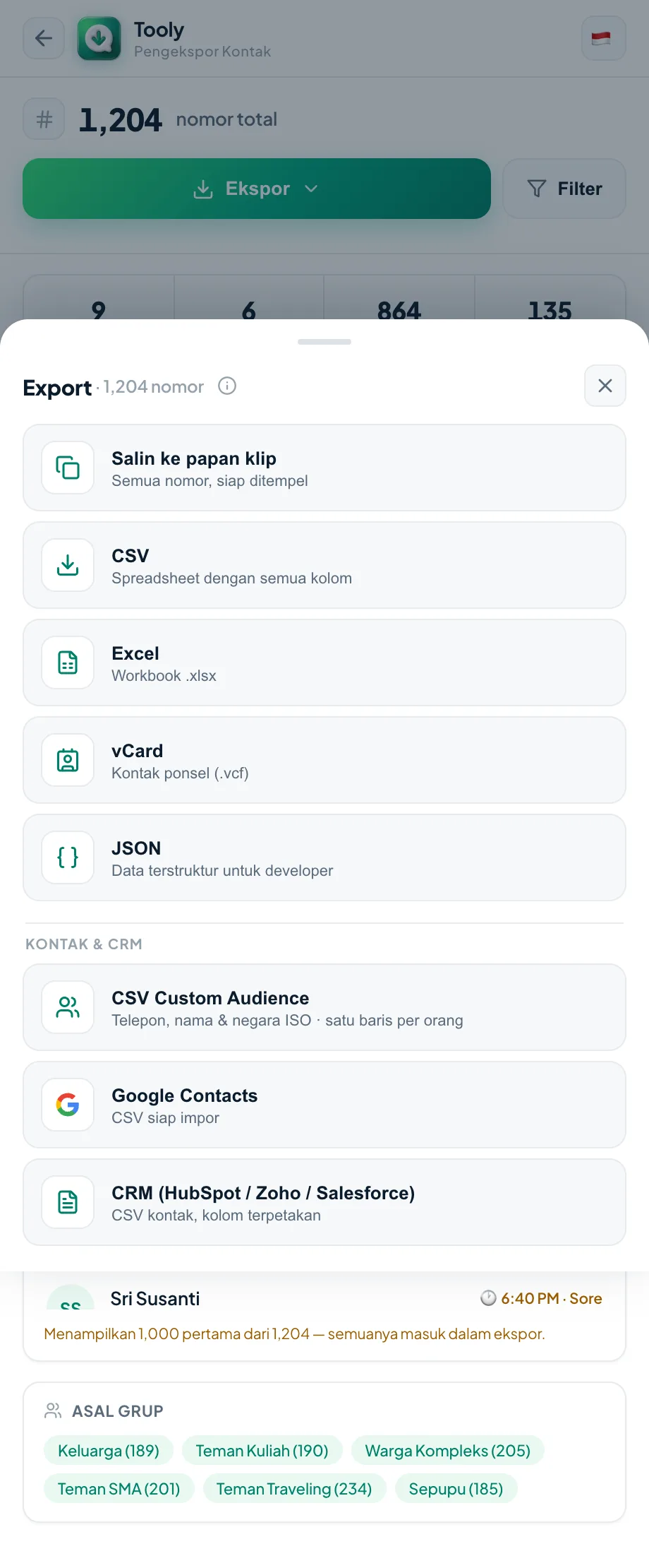 Ekspor backup ke vCard, Excel, atau CSV