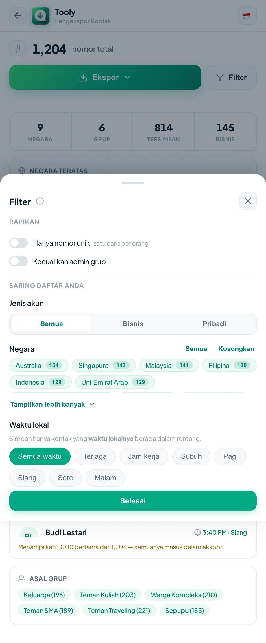 Filter kontak Anda sebelum backup