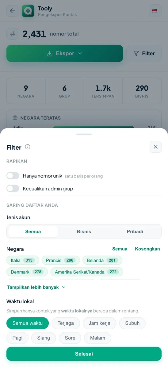 Panel Filter Tooly dengan opsi hanya nomor unik, kecualikan admin grup, jenis akun bisnis atau pribadi, dan pilihan negara