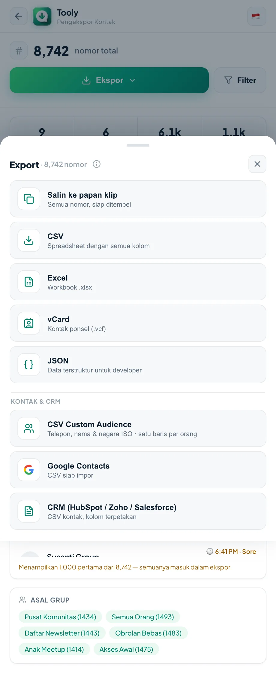 Ekspor daftar lengkap Anda ke CSV, Excel, atau vCard
