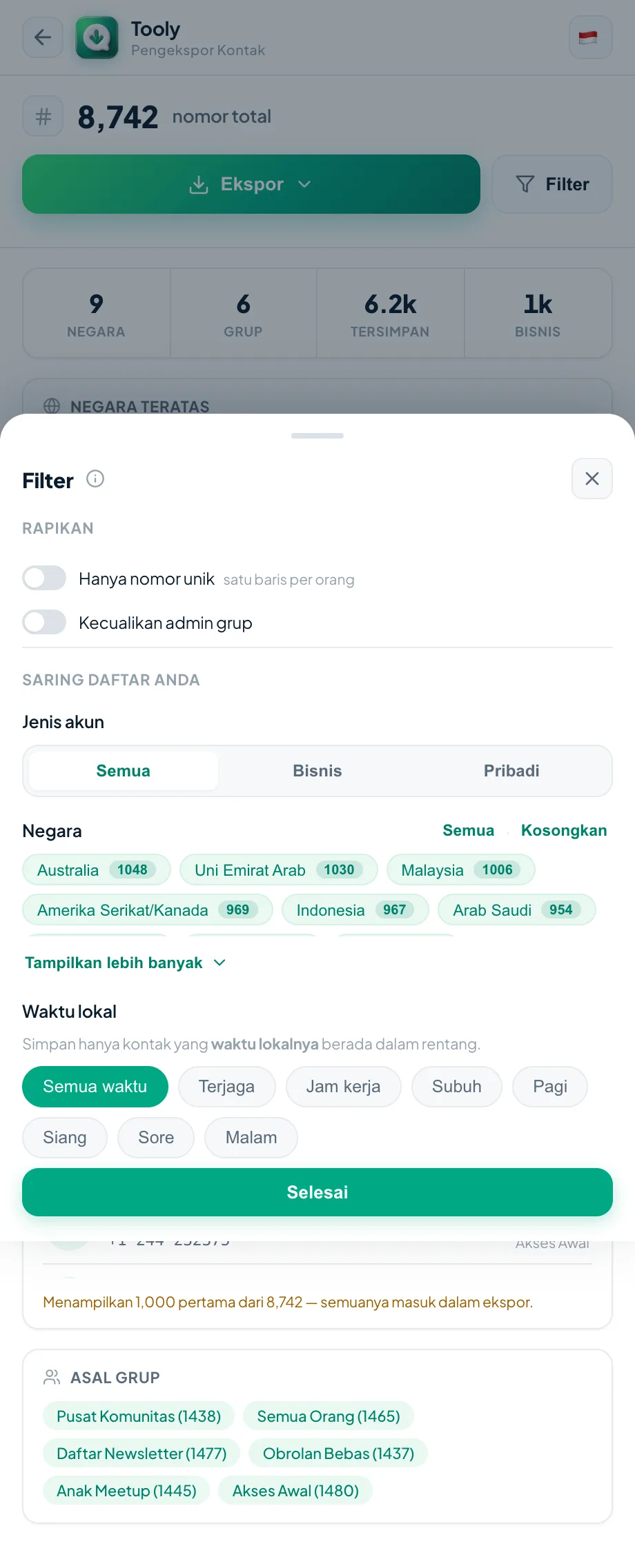 Filter kontak Anda sebelum mengekspor
