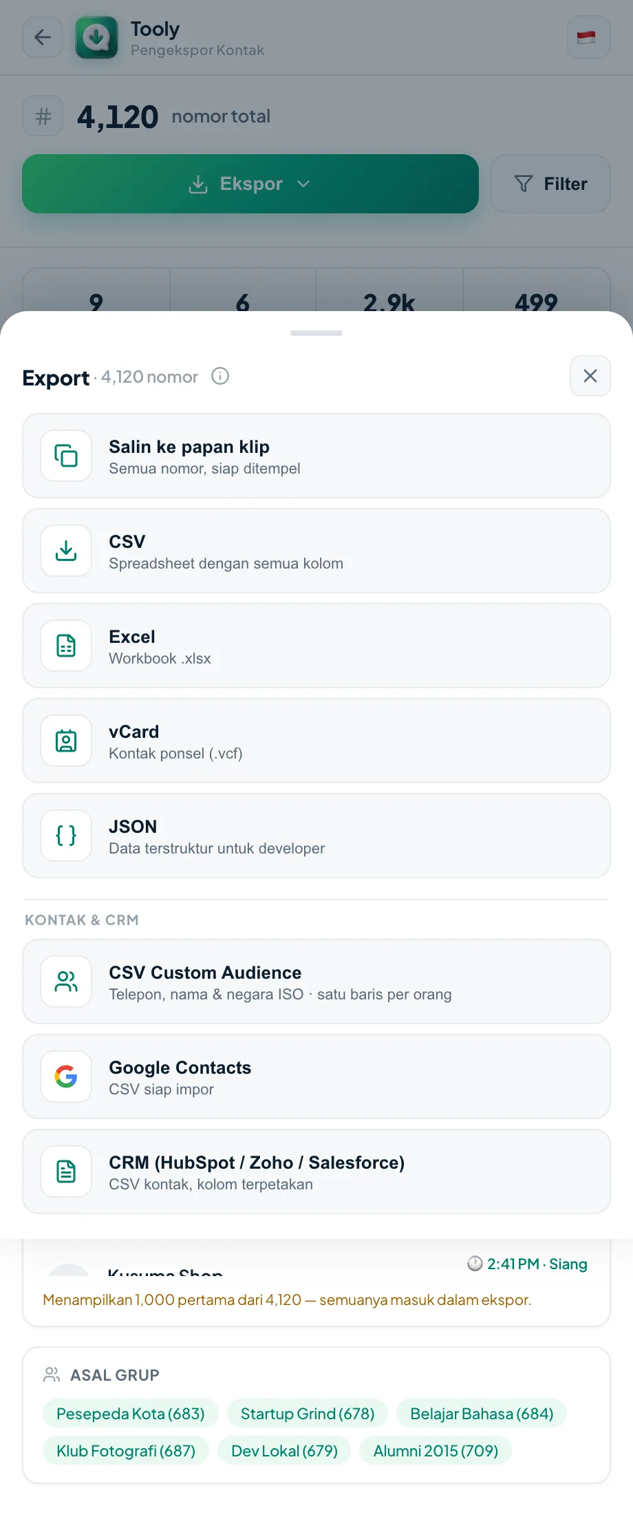 Menu ekspor Tooly dengan preset Google Contacts, Custom Audience, dan CRM