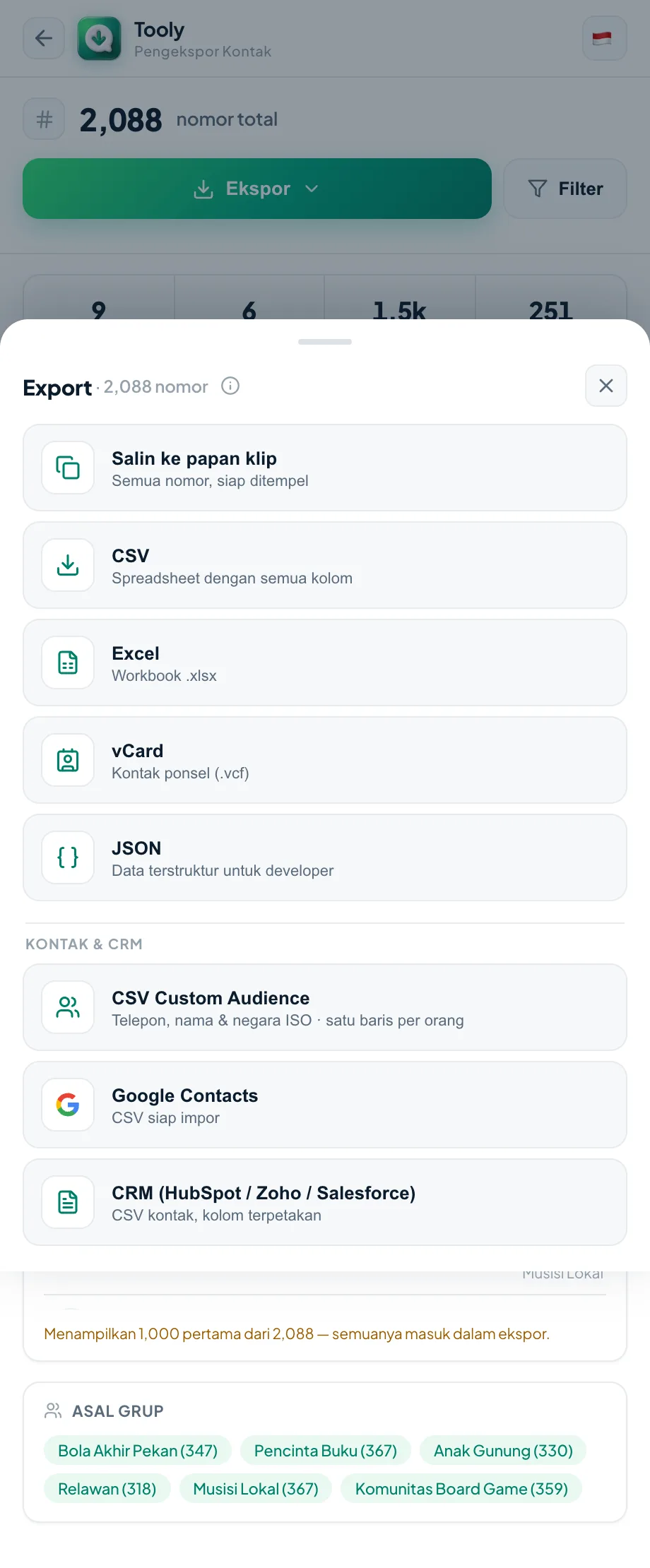Ekspor anggota grup ke CSV, Excel, atau vCard