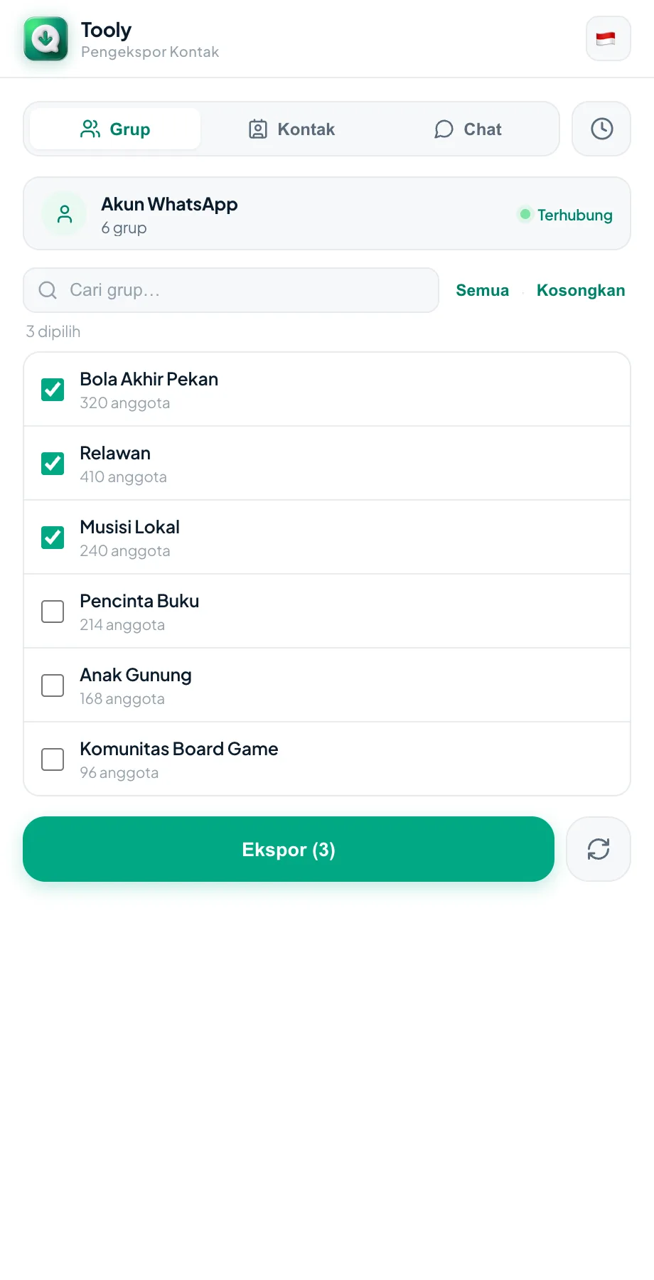 Pilih grup WhatsApp mana yang akan diekspor di Tooly