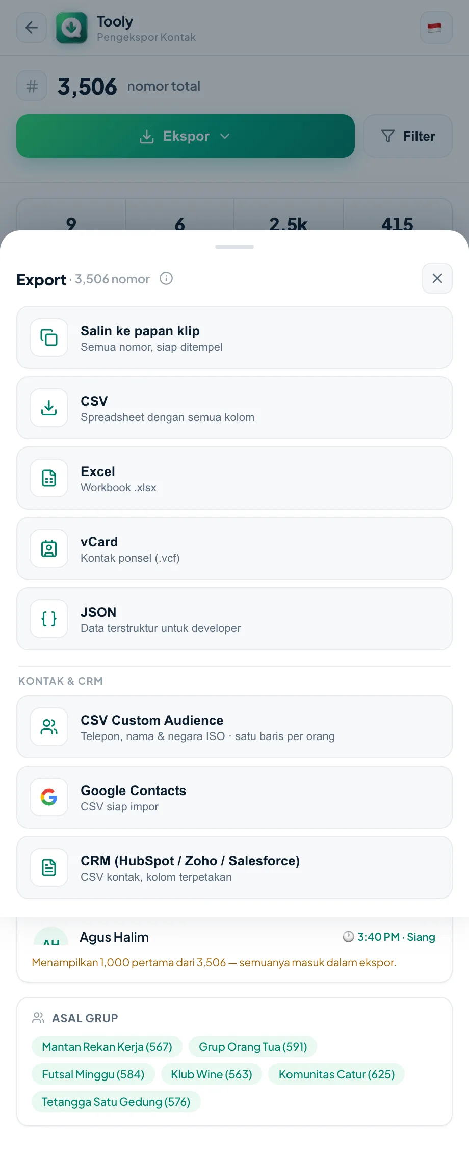 Memilih format ekspor di Tooly — Salin, CSV, Excel, vCard, atau JSON