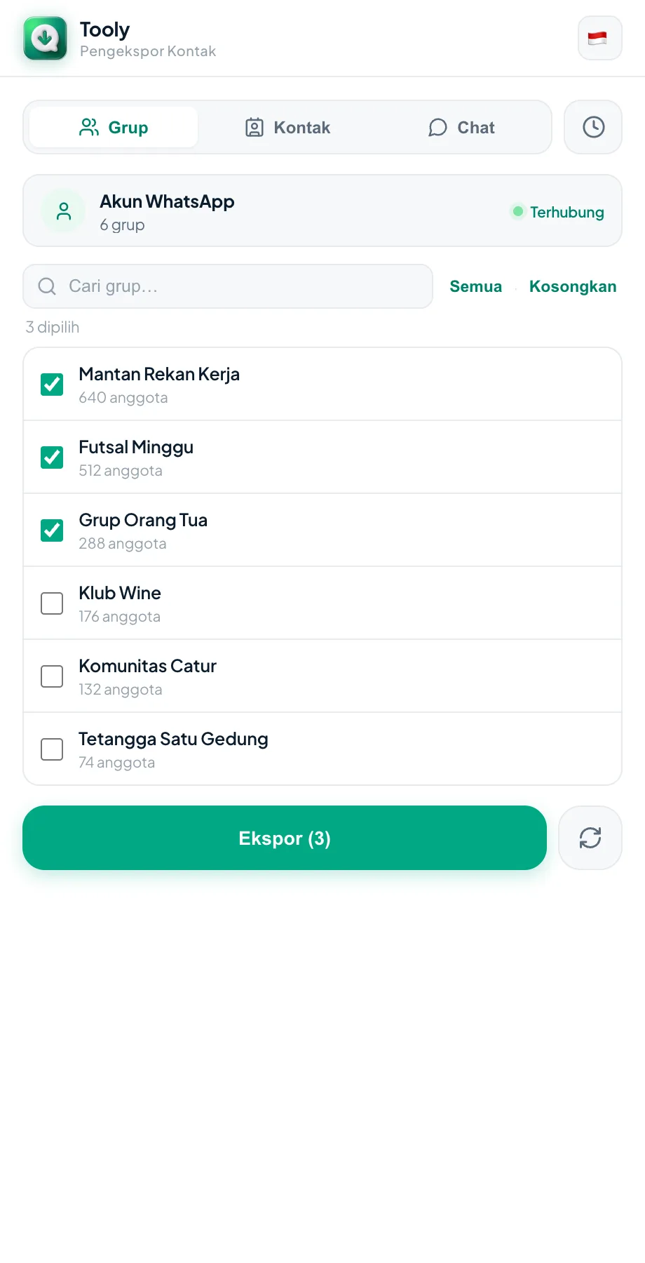 Memilih antara Grup, Kontak, dan Chat di panel samping Tooly