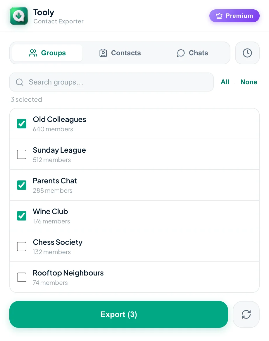 Choosing between Groups, Contacts and Chats in the Tooly side panel