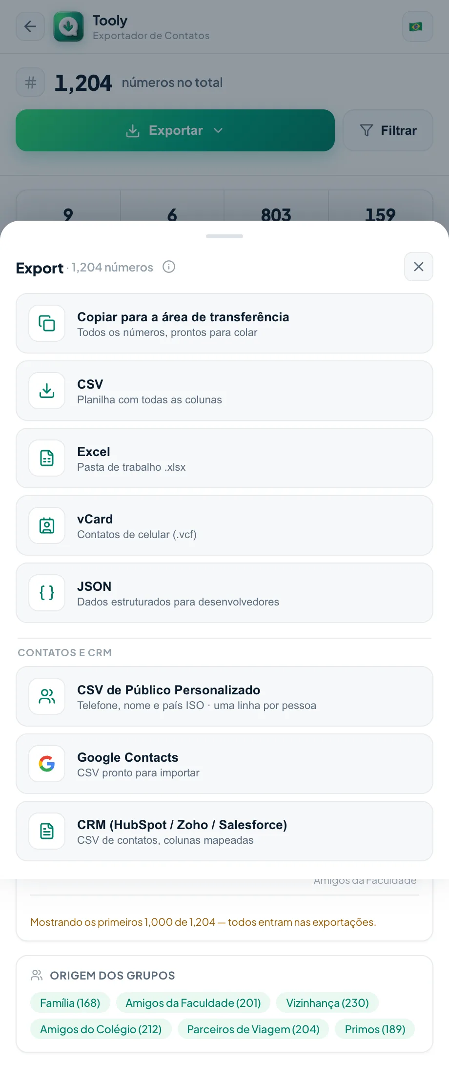 Exporte um backup para vCard, Excel ou CSV