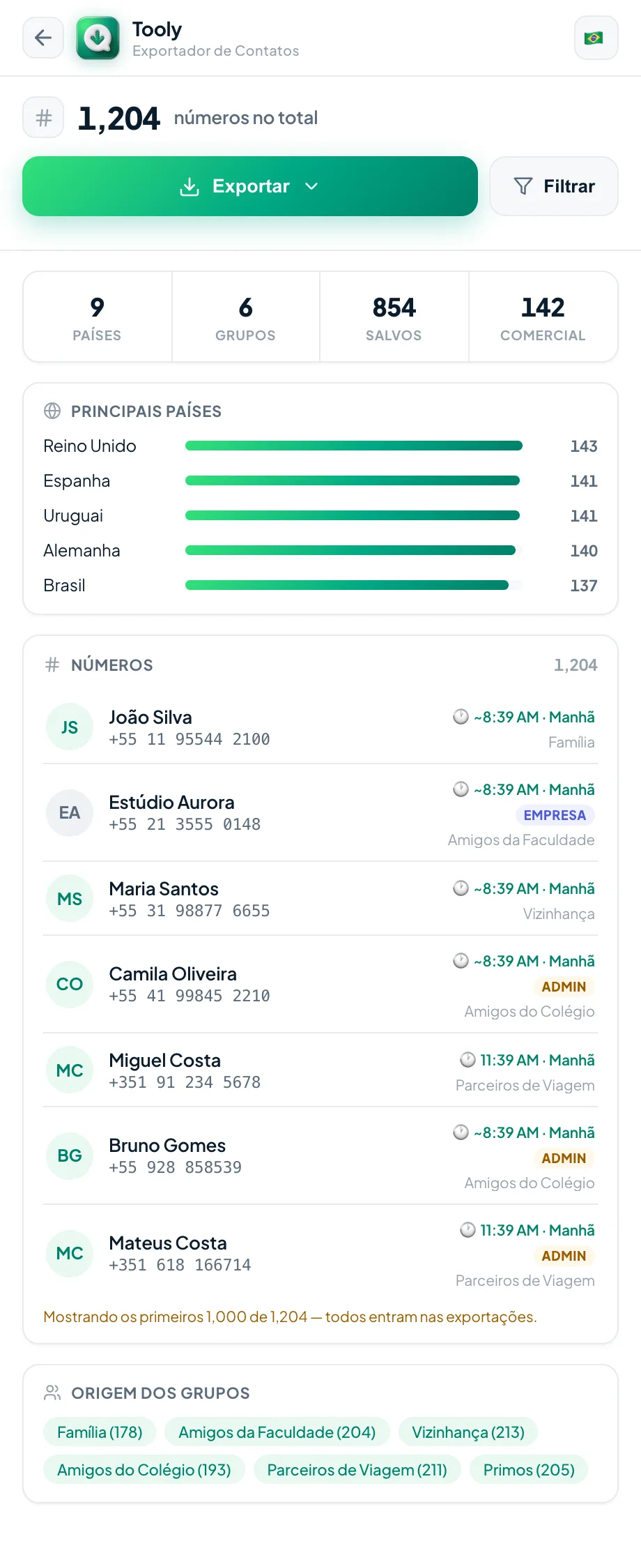 Revise seus contatos na tela de exportação do Tooly