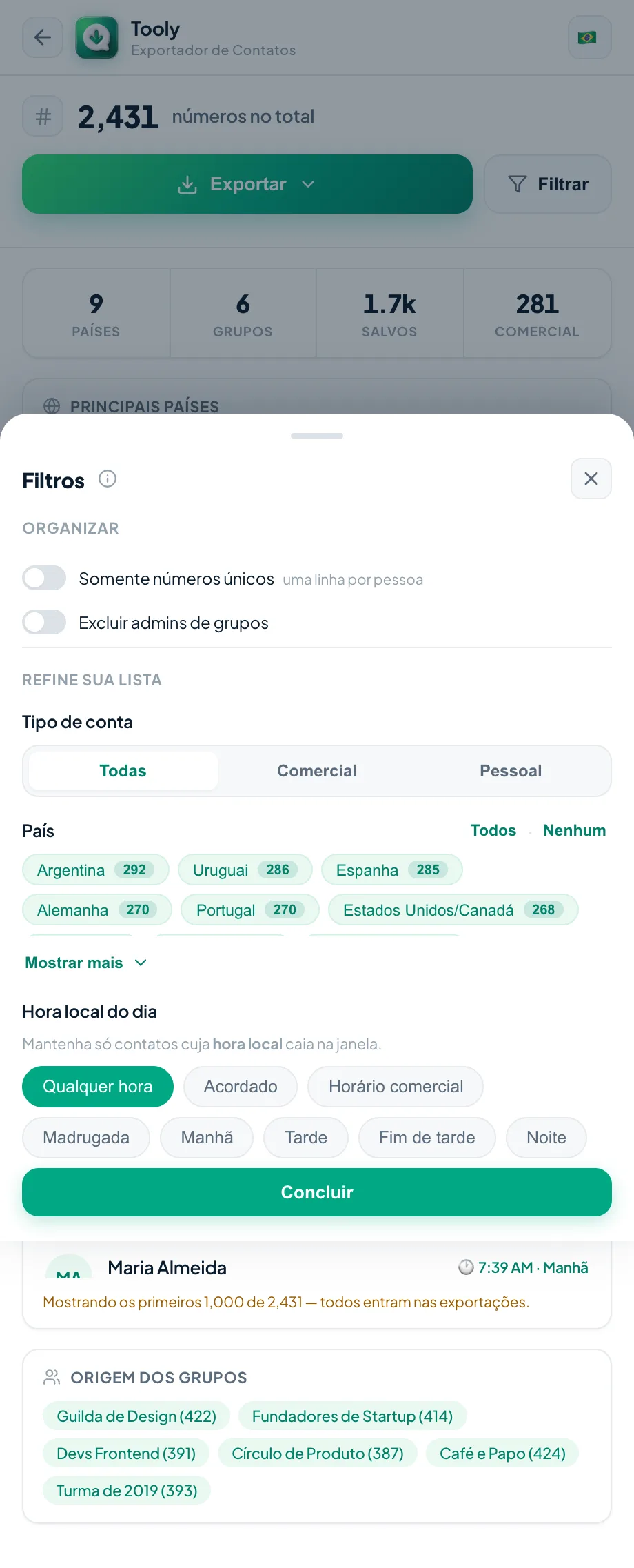 Filtre seus contatos antes de exportar