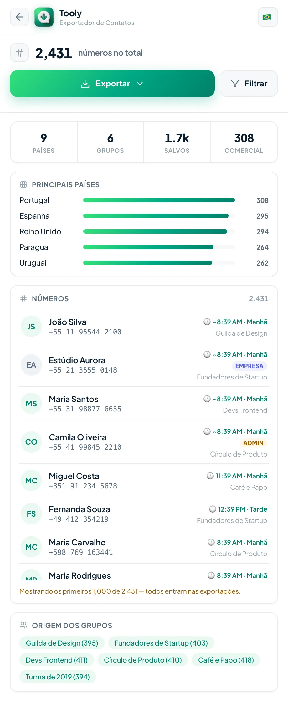 Revise seus contatos na tela de exportação do Tooly