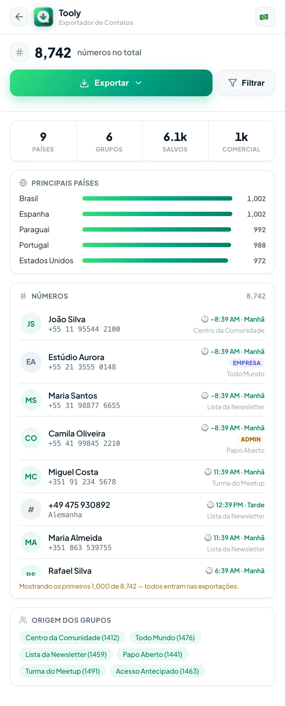 Revise sua lista completa de contatos na tela de exportação do Tooly