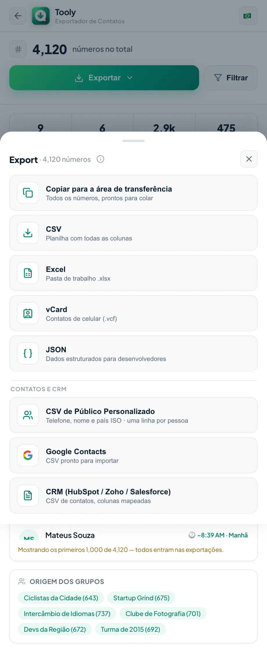 Menu de exportação do Tooly com os presets de Google Contatos, Público Personalizado e CRM