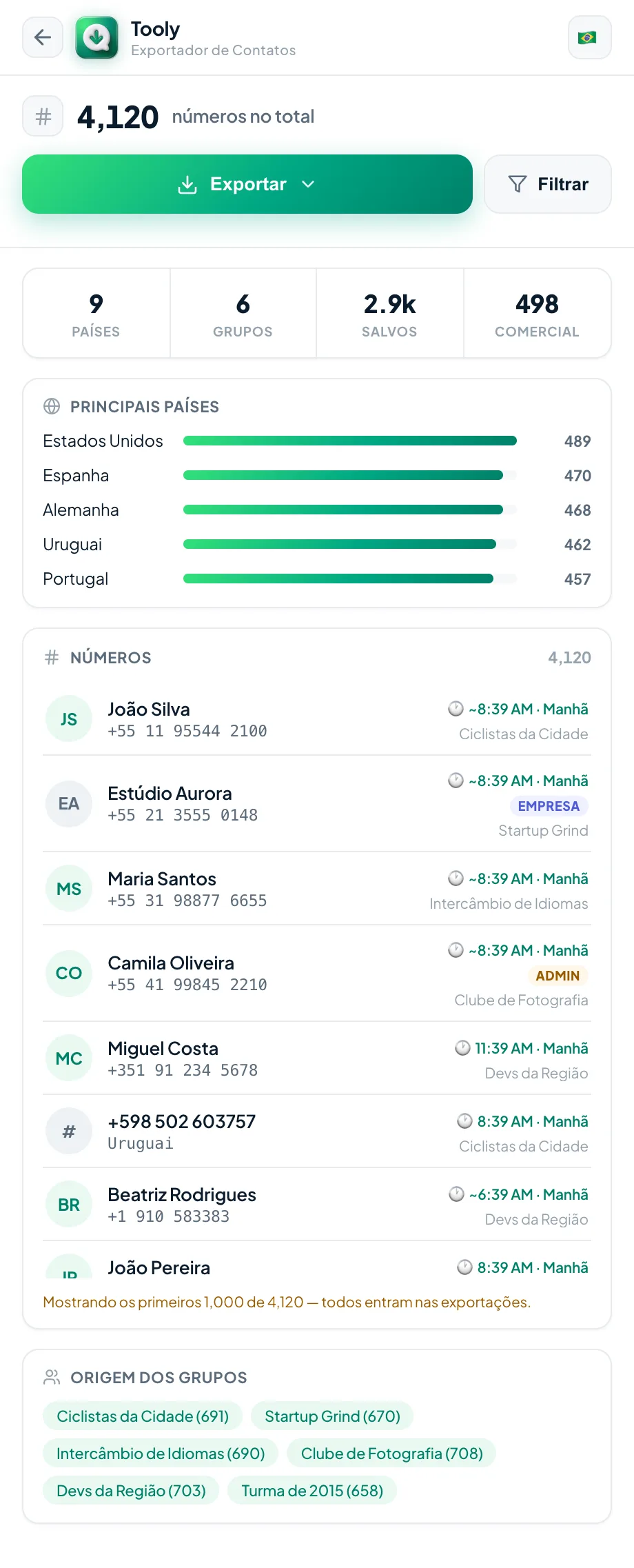 Tela do Tooly com números prontos para enviar ao Google Contatos