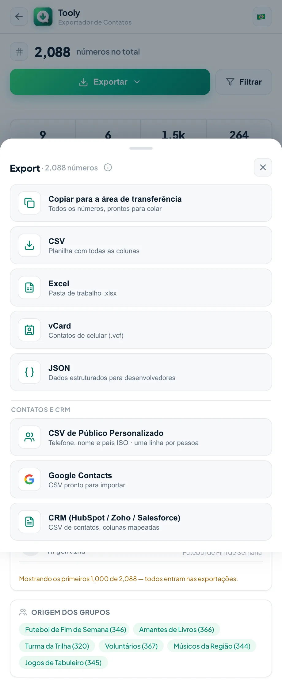 Exporte os membros do grupo para CSV, Excel ou vCard