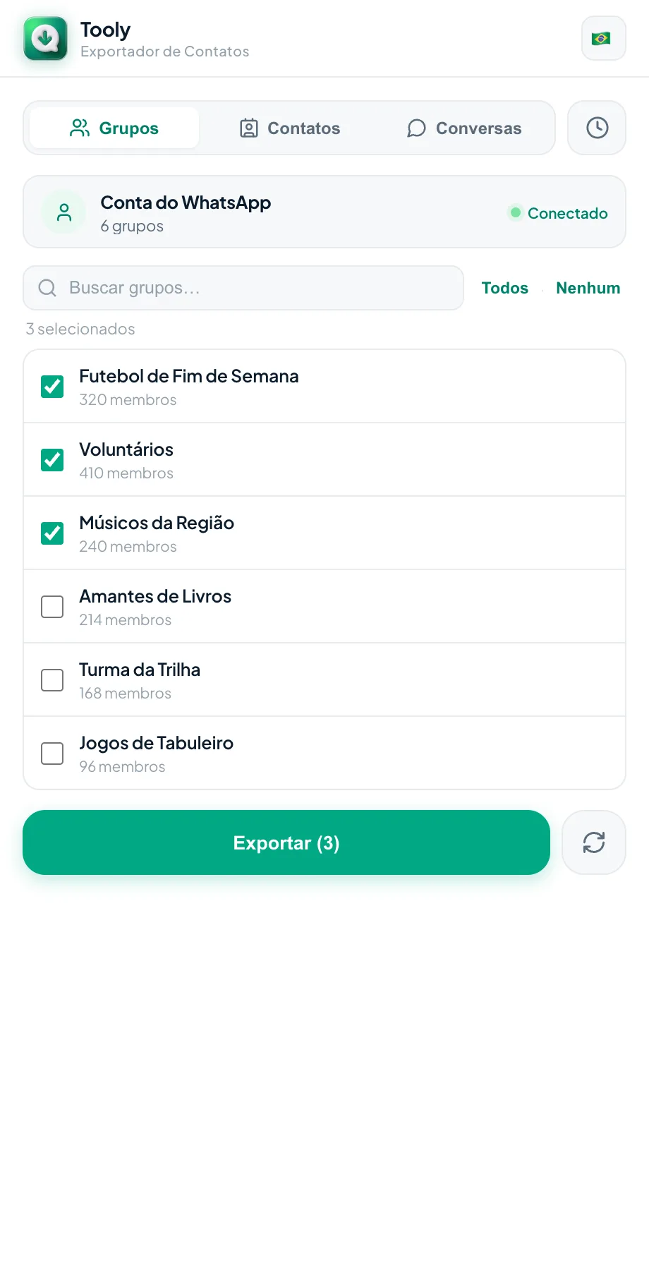 Escolha quais grupos do WhatsApp exportar no Tooly