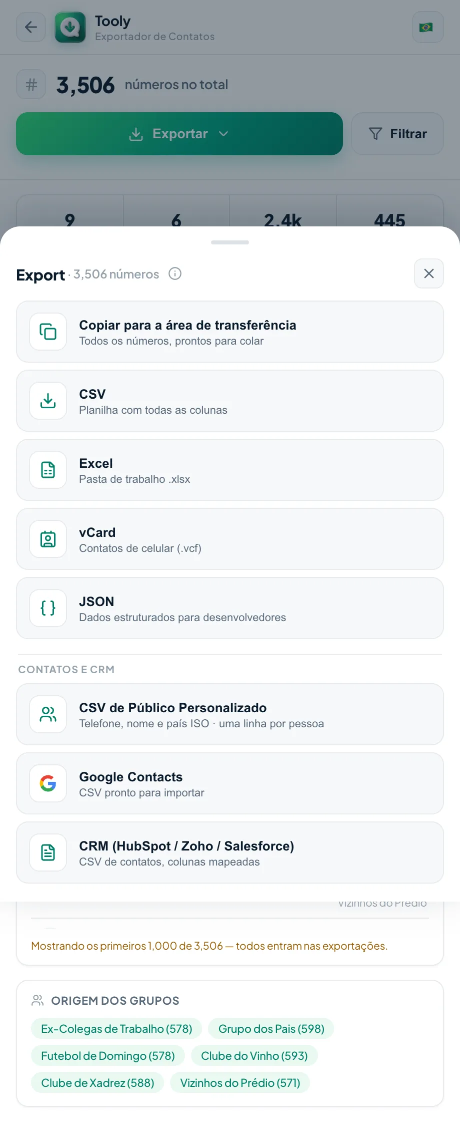 Escolhendo um formato de exportação no Tooly — Copiar, CSV, Excel, vCard ou JSON