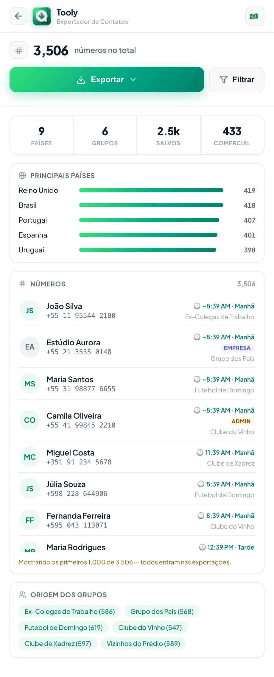 A tela de exportação do Tooly mostrando 3.506 números prontos para exportar