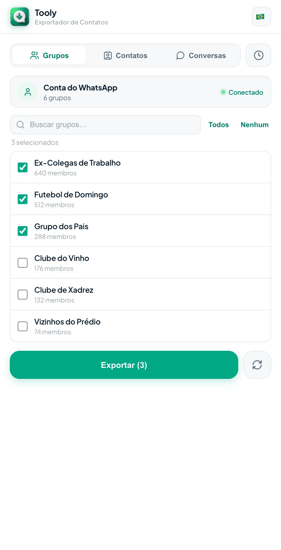 Escolhendo entre Grupos, Contatos e Conversas no painel lateral do Tooly