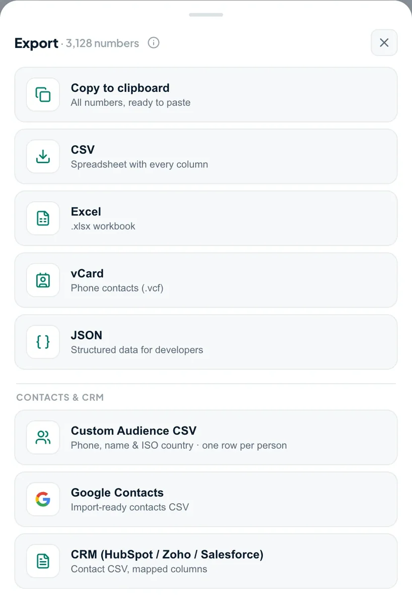 Tooly's Export menu listing Copy to clipboard, CSV, Excel, vCard and JSON
