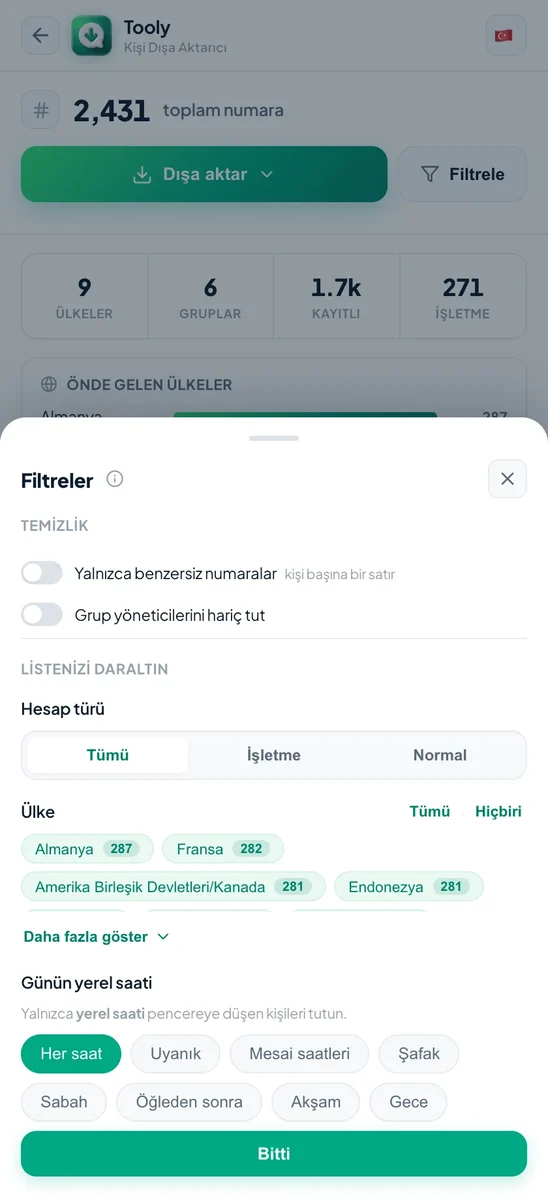 Tooly panelinde WhatsApp numaralarının hazır listesi ve dışa aktarma formatı seçimi