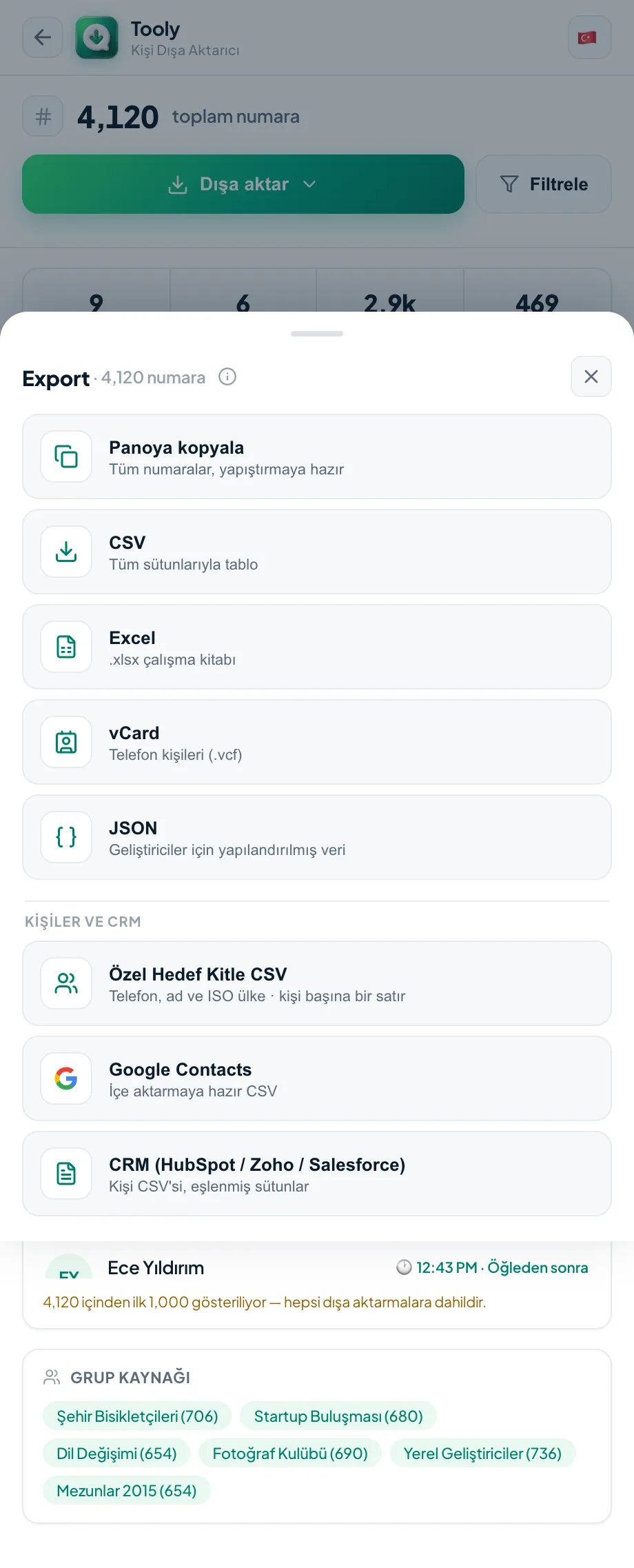 Tooly dışa aktarma menüsü: Google Contacts, Custom Audience ve CRM şablonları