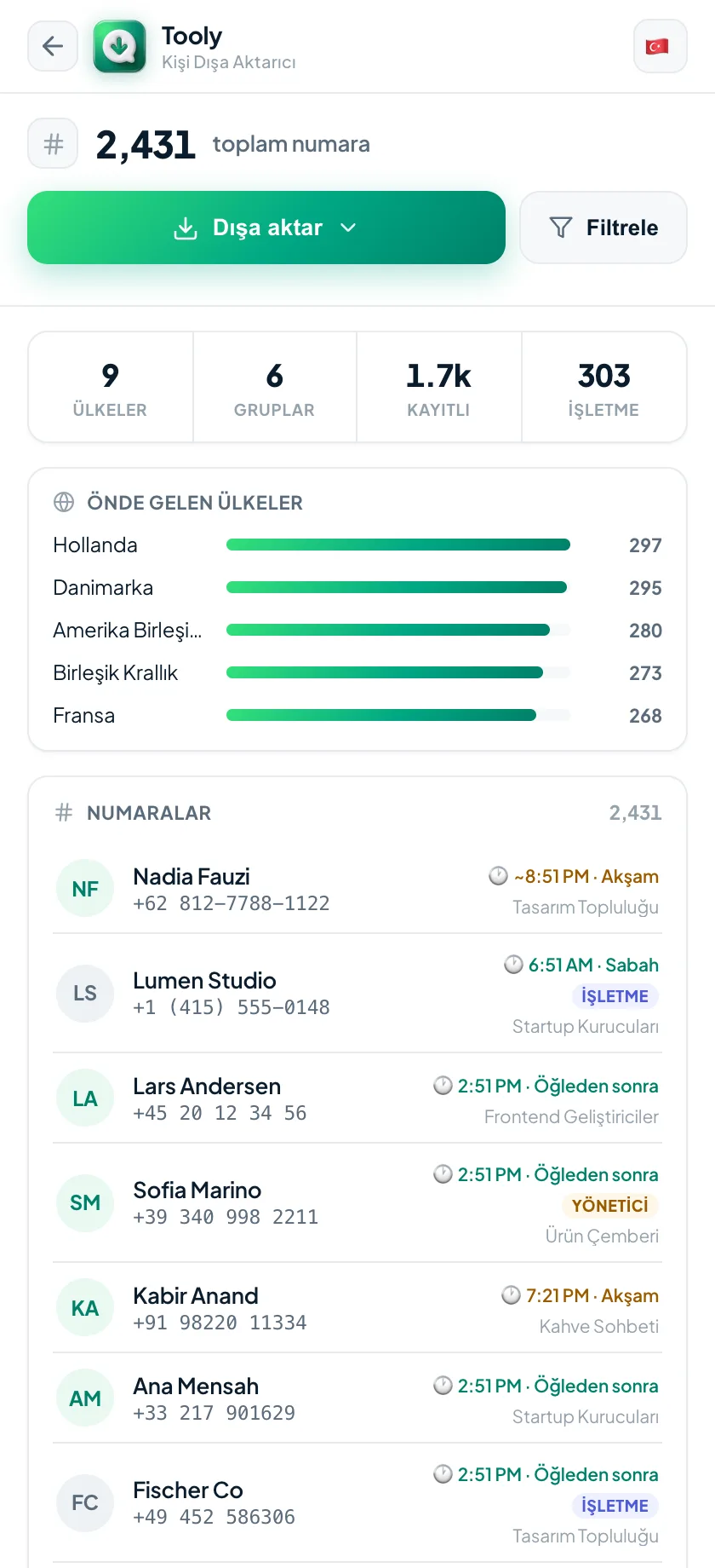 Tooly'de tablo satırlarına dönüşecek kişi listesi önizlemesi