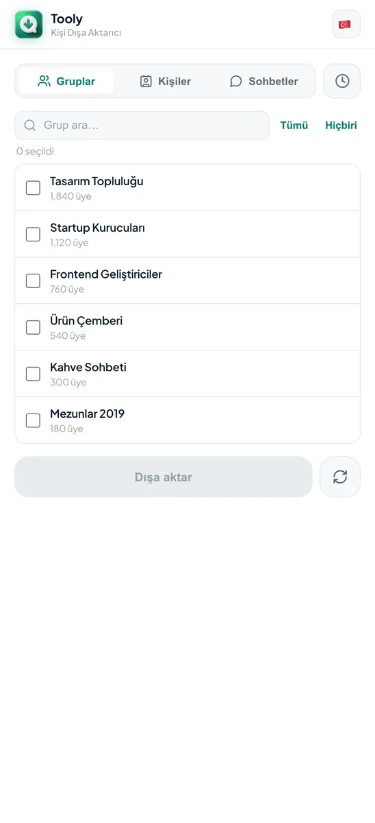 Tooly'de üye sayısıyla listelenen WhatsApp grupları ve dışa aktarım için işaretlenmiş gruplar